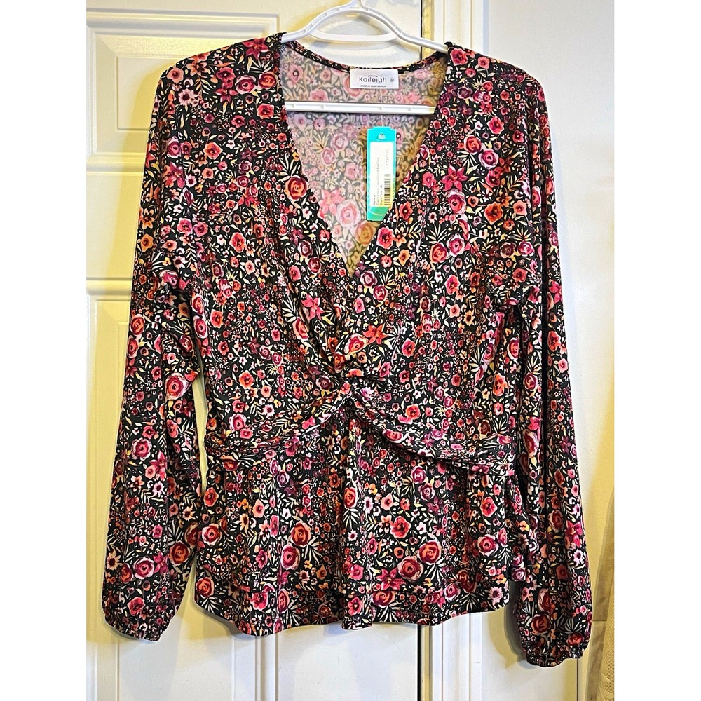 NWT Kaileigh Dark Floral Cottagecore Long Sleeve Twist Peplum Top XL Coquette